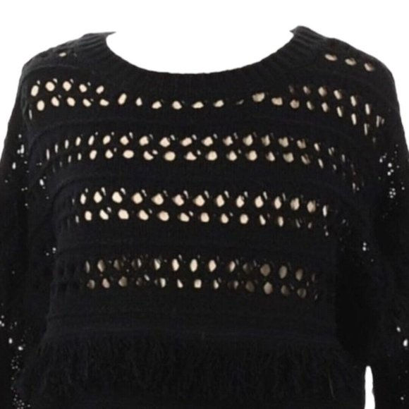 J.O.A. Sweater‎ Womens Medium Black Fringe Open Knit Long Sleeve Crew Neck Party - Picture 3 of 6